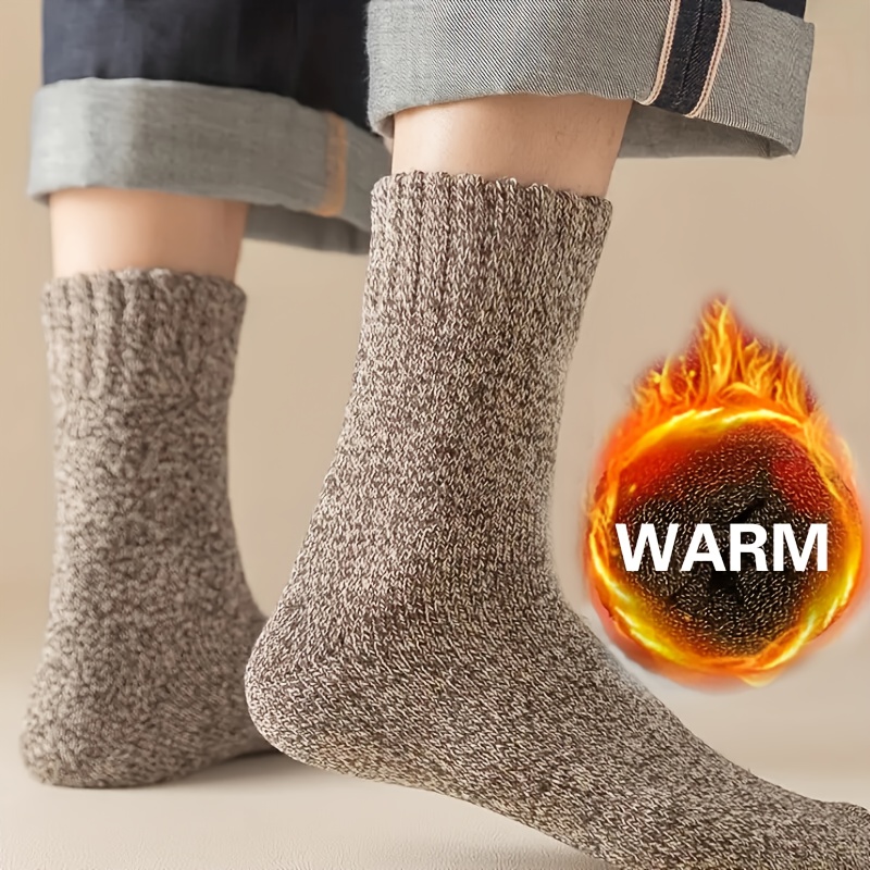 3 Pairs Men's Winter Warm Socks, Thick Towel Mid-Calf Socks, Anti-Cold Snow Boots Socks, Size 39-44, Polyester Blend, Elastic, Solid Color, Hand Wash or Dry Clean, Knitted Fabric