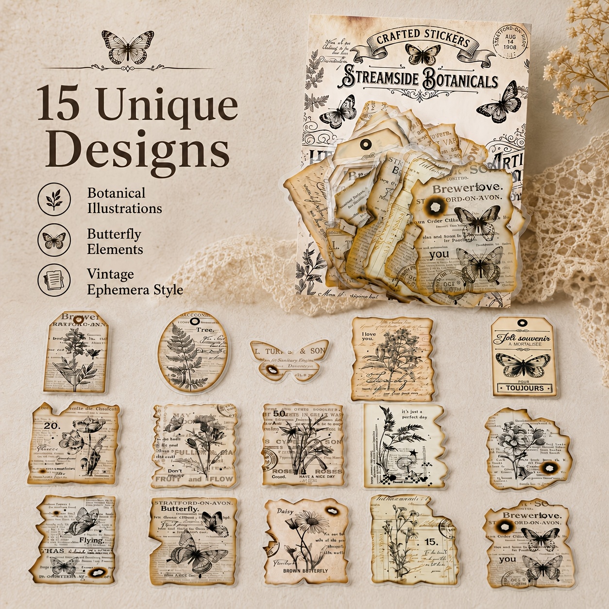TEMU 30pcs 15 Designs Retro Plant Stickers, Vintage Botanical Pet Stickers, Transparent Decorative Stickers For Journaling, Scrapbooking, Planner,