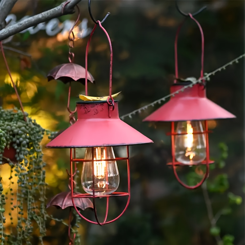 Image of Set Of 2 Solar Led Vintage Lanterns - Retro Hanging Lights Featuring A Frame And Clear Glass, Ideal For Garden, Yard, Balcony, And Outdoor Decor