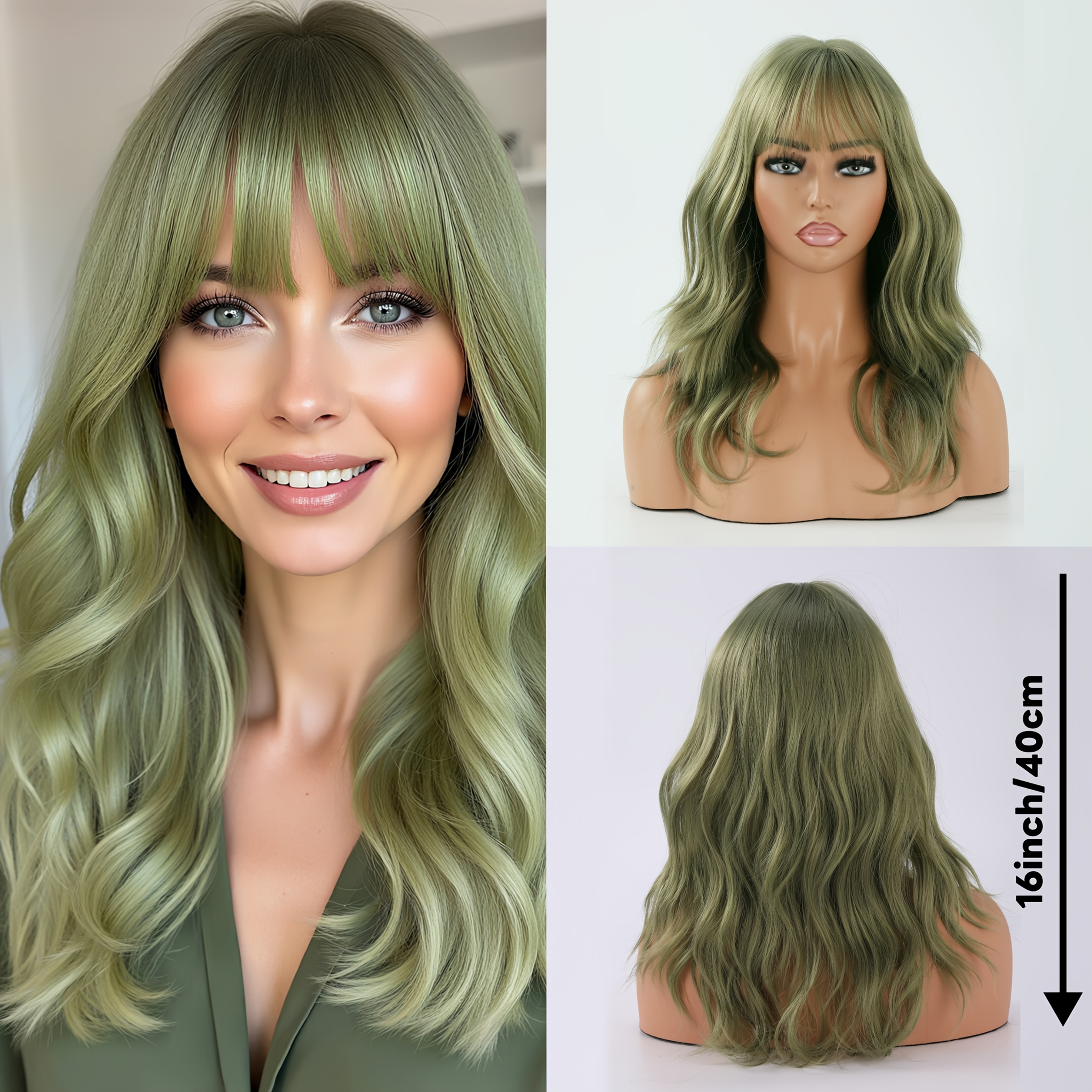 Image of Popular Style Green Wavy Bob Wig With Bangs / Breathable And Comfortable / Fashionable And Versatile / Daily Wear / Festive Atmosphere / For Halloween New Arrival