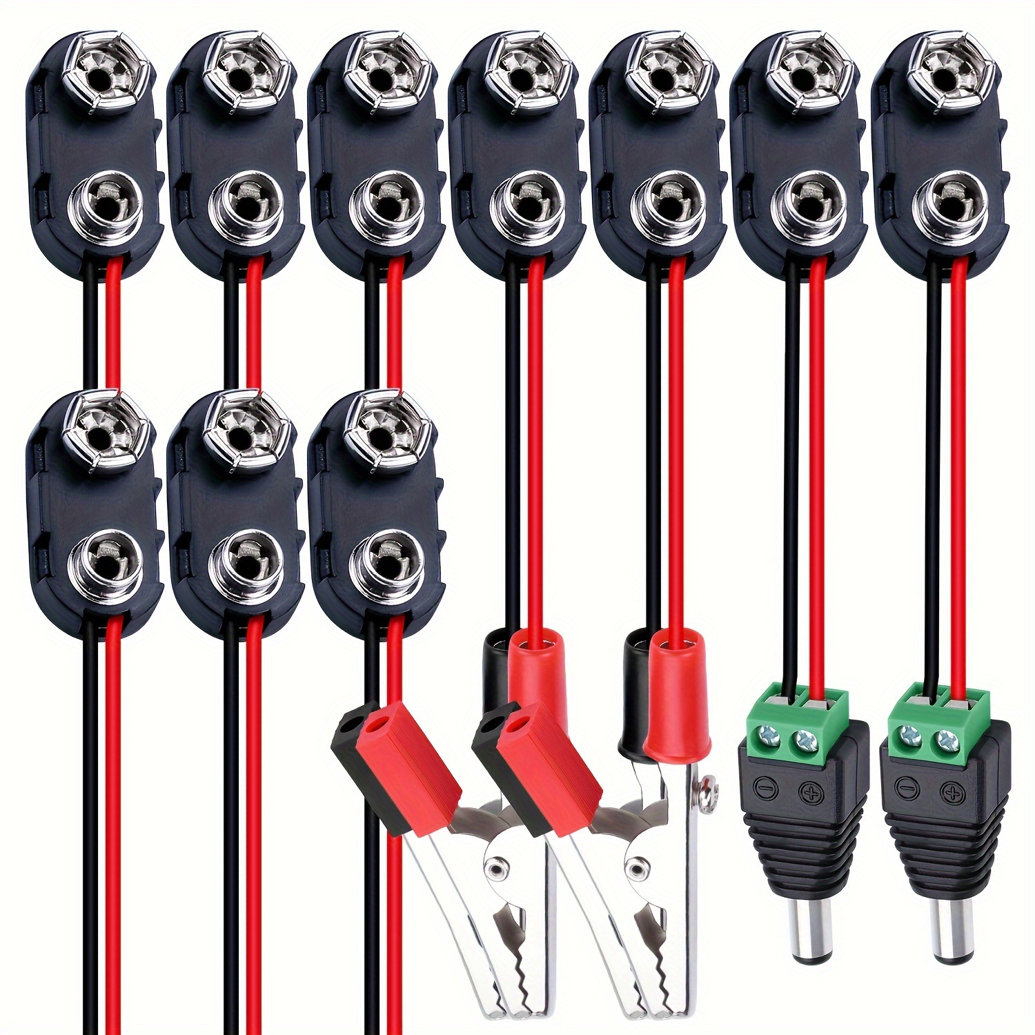 

Battery Terminal 10pcs 9v Battery Connector I Type Plastic Hard Shell 9v Battery Clip, 150mm Wire Length, With 4 Crocodile Clips And 2 Male Plugs