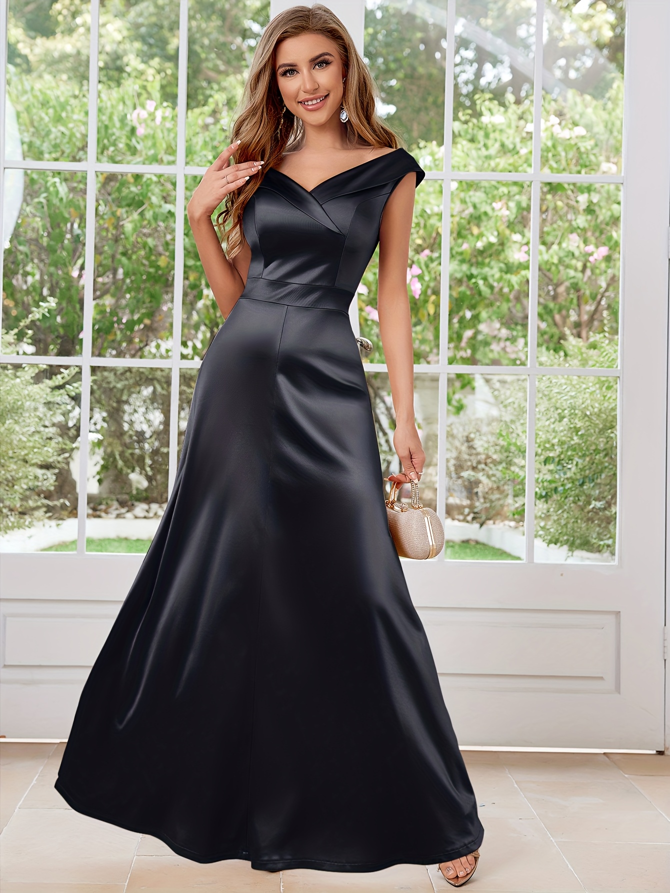 Top Black 1950\u0026#039;s Dress Elegant 1950s Retro Satin V-Neck Long Dress  Sleeveless