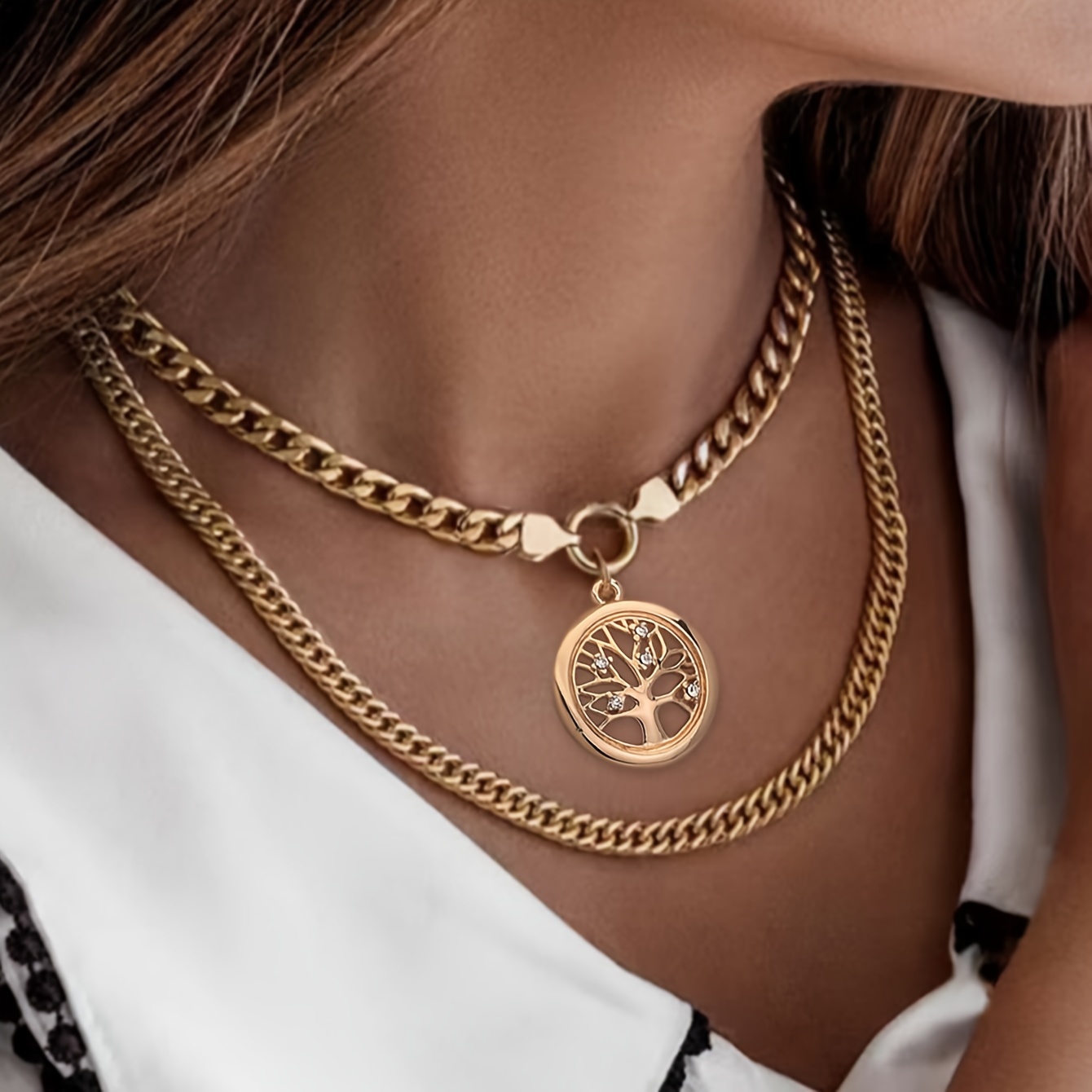 Life Tree Pendant Necklace Cuban Link Chain Chunky Statement Accessories