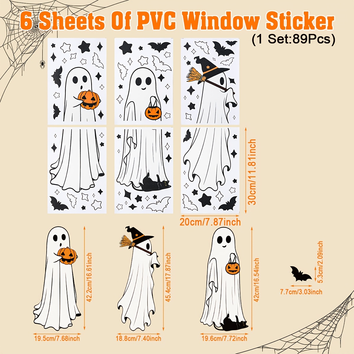 TEMU Lot de 6 autocollants effrayants pour vitrine d'Halloween, stickers statiques en PVC pour fenêtre avec décorations citrouille, chauve-souris, ,
