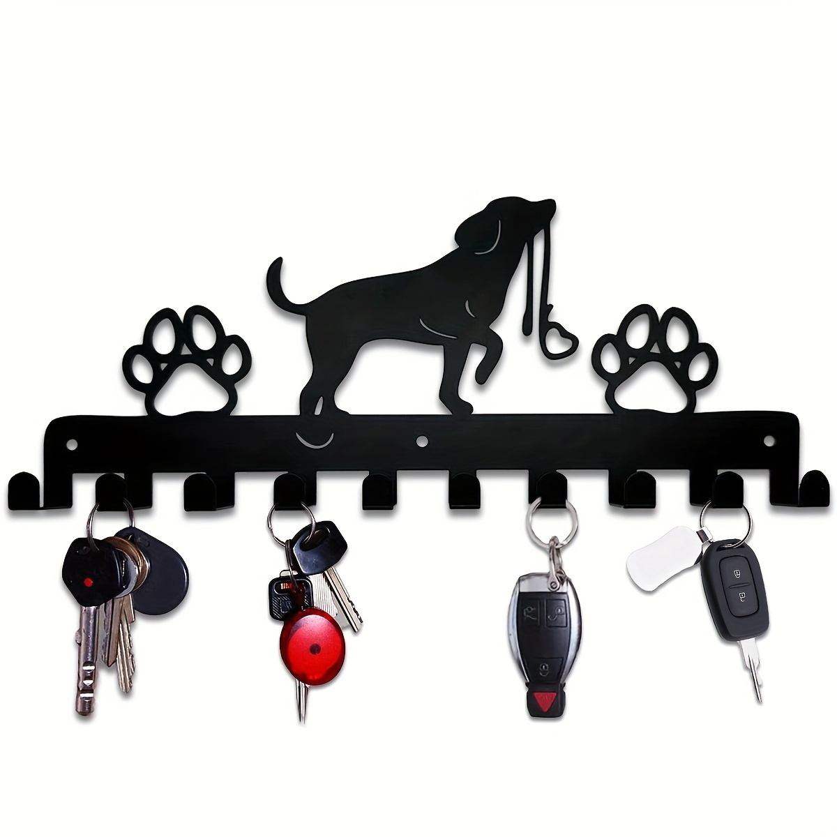 

1pc Dog And Paw Prints Metal Key Holder, 10 Hooks Black Iron Wall Mounted Hooks, Decorative Hook Organizer Rack For Bag Clothes Key, Wall Decoration, Gift For Dog Lover