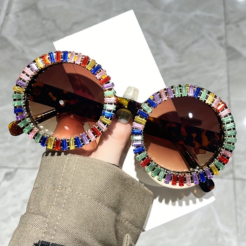 

Exaggerated Color Fashion Glasses Classic Round Frame Mosaic Colored Rhinestone Glasses