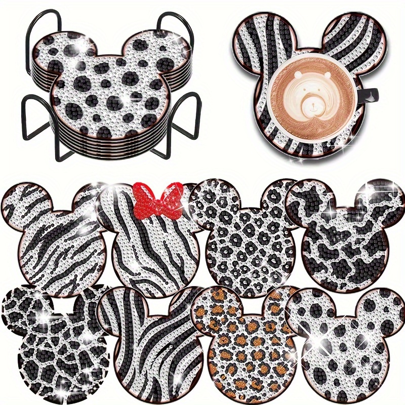 

8pcs Diy Diamond Art Painting Coaster Set, Cute Cartoon Animation Leopard Print Mickey Diamond Art Painting Drink Coaster, Non-slip Coaster, Holiday Party Decoration, Festive Handmade Home Gift