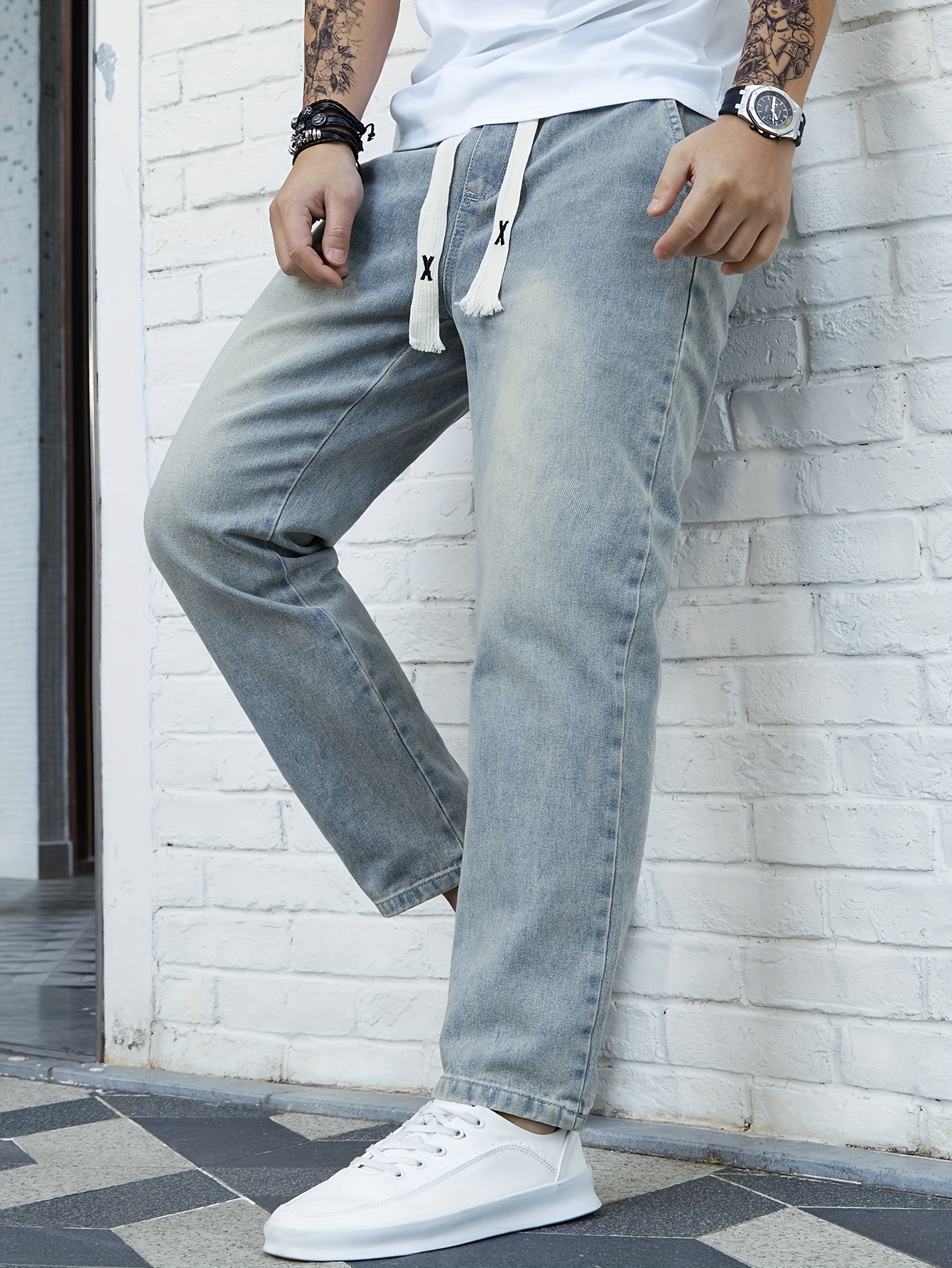 Men's Washed Denim Pants, Spring/Autumn Fashion Brand Loose Straight-Leg Elastic Waist Drawstring Versatile Japanese Style Casual Cropped Pants, Geng Yuanshi