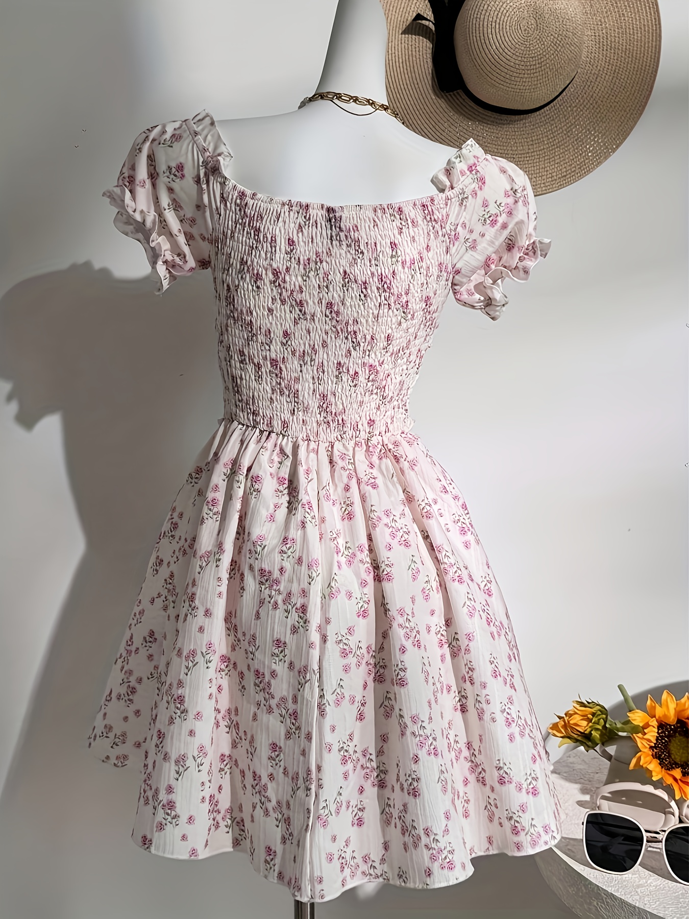 Elegant Vintage Floral Lace Dress for Women with Off-Shoulder Bubble  Sleeves and Bow Detail Pink and White, Knee-Length Summer, Vintage