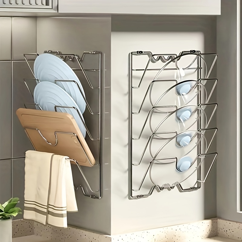 

Wall-mounted Metal Pot Lid Organizer Rack, Adhesive Hanging Shelf For Kitchen Cabinet Door Storage Holder