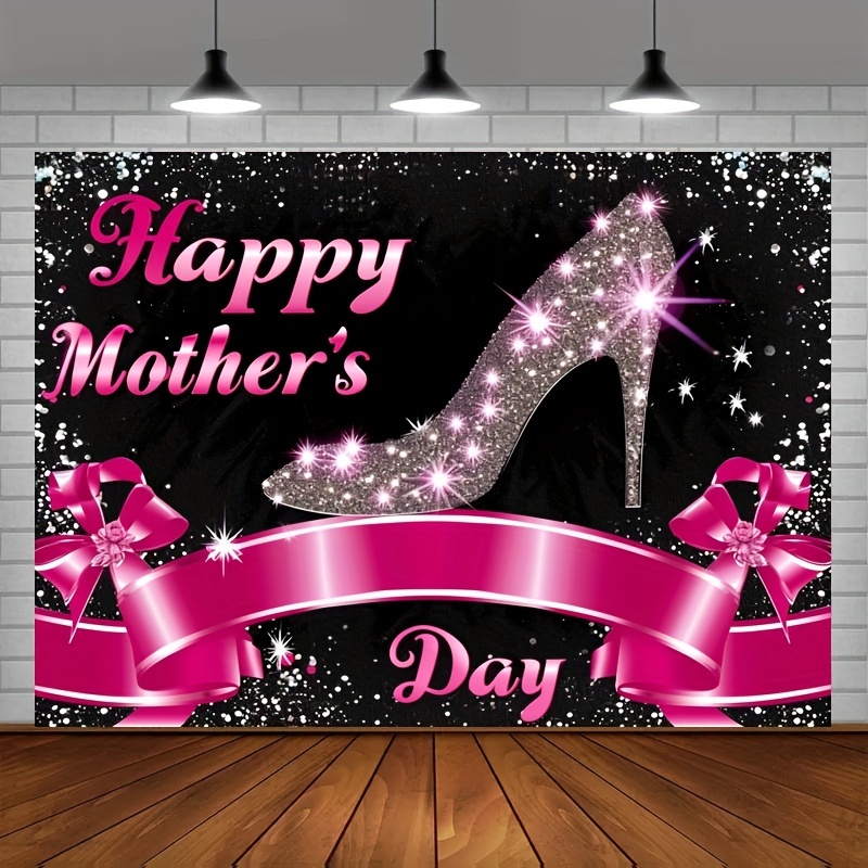 

1pc, Happy Mother's Day Backdrop Silver Sequin Glitter Diamond High Heel Pink Love Heart Background Lady Woman New Mom Queen's Day Party Decor Supplies