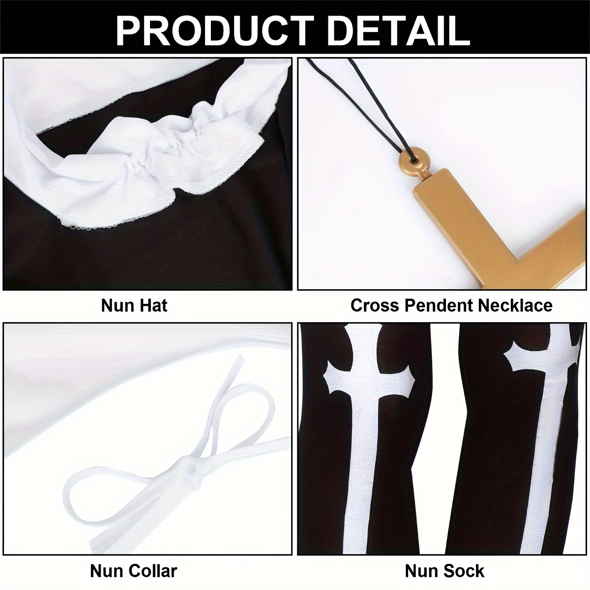 Nun Costume Accessory Set - Hat, Collar, Cross Necklace & Gothic Stockings for Amazon.com: Asekonc Halloween Nun Costume Accessories Set  main image 2