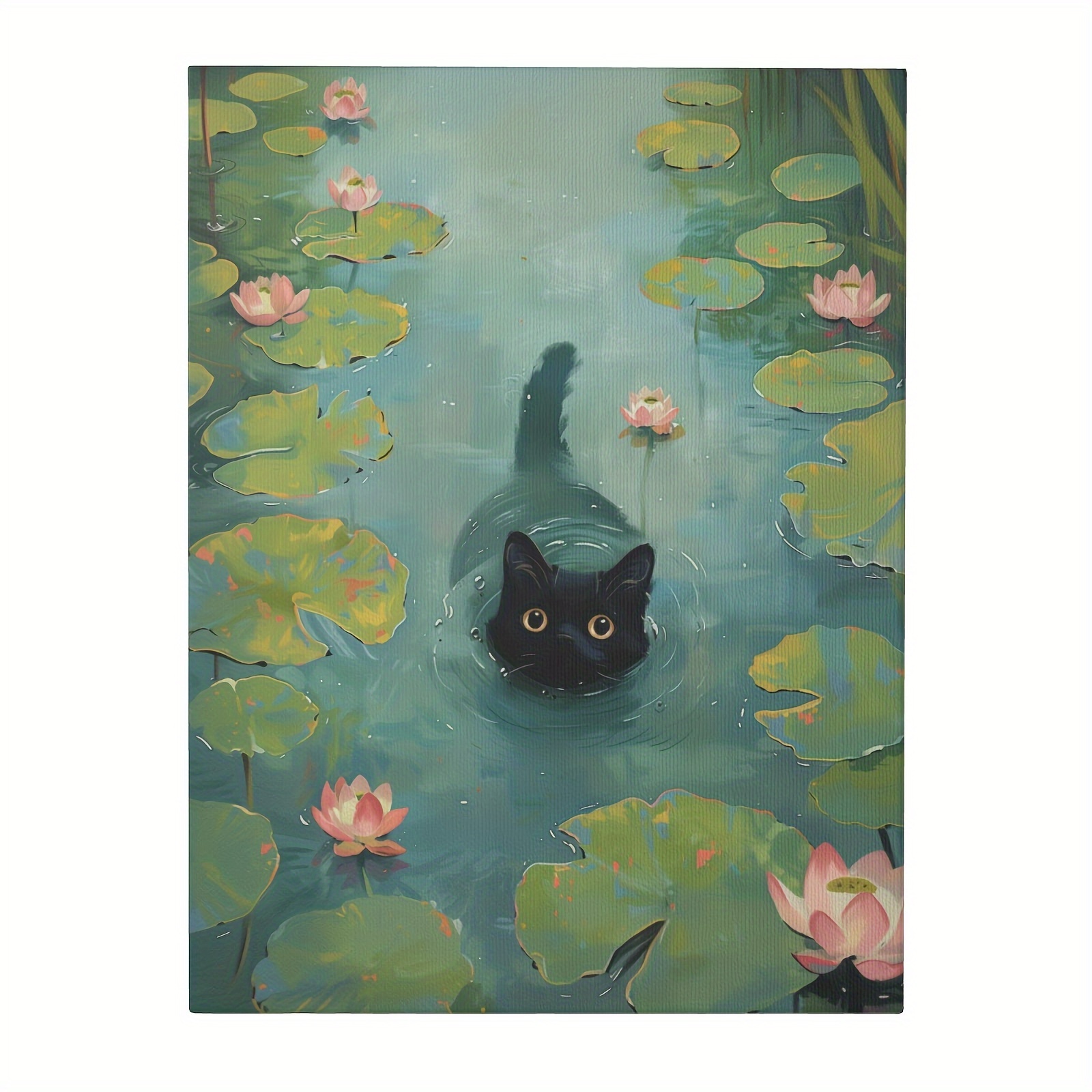 

Framed Canvas Print Of Black Cat Swimming In Lotus Pond, Animal Theme Wall Art, Wood Frame, Cat Lovers Oil Painting For Kids Room, Living Room, Girl's Bedroom, Veterinary Office Decor, 16x12 Inch