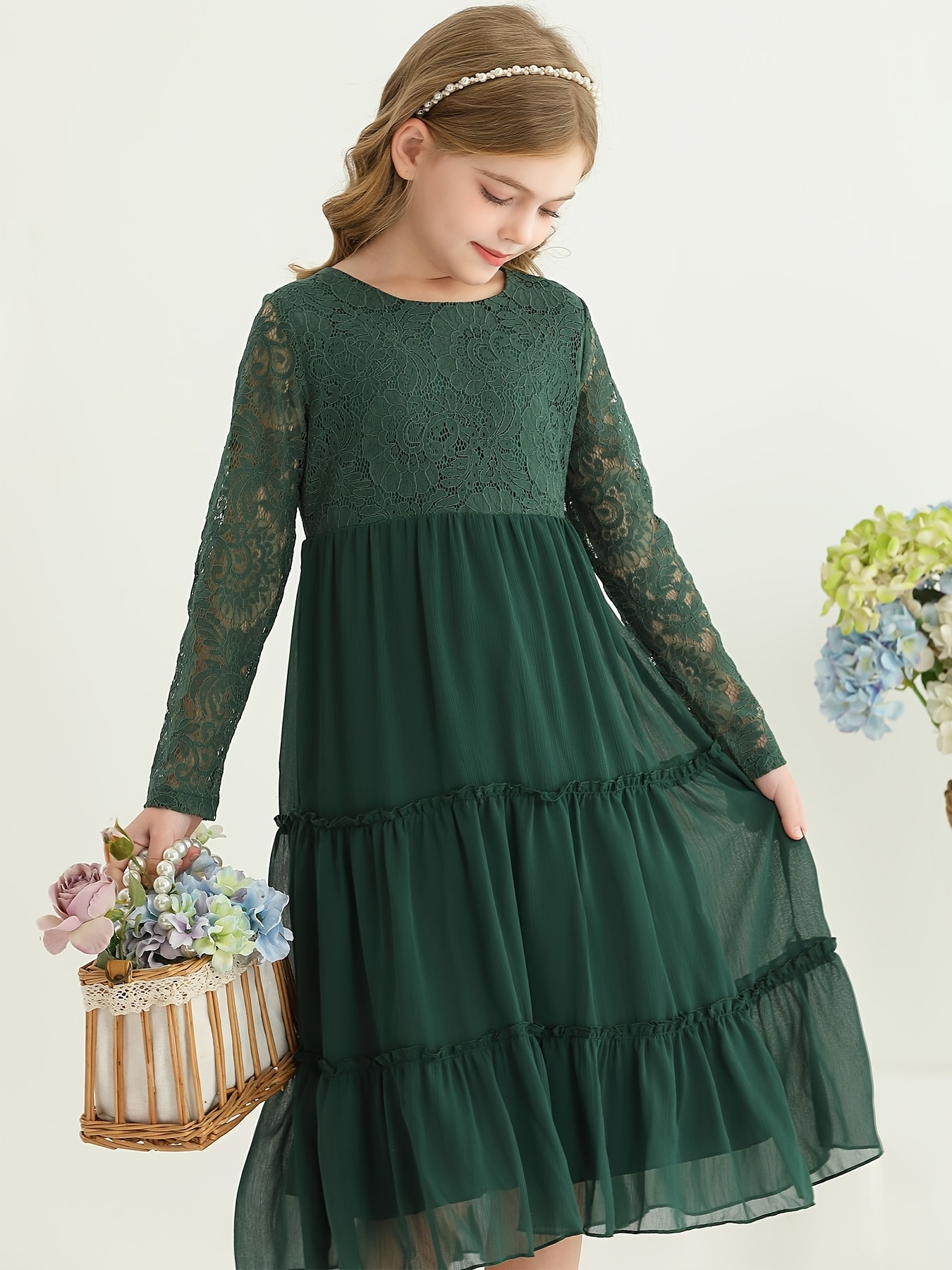 1pc girls lace trim long sleeve dress casual fit flare   length summer dress with round neck soft pink sizes 5 11 years hand wash only perfect gift for young girls eenage styling layered lace detailing school outfit breathable fabric dark green 0