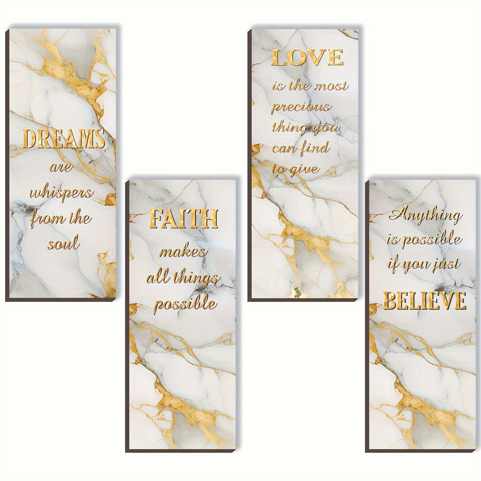 

4pcs/set, White And Gold Bathroom Decor Gold Wall Decor With Dreams Faith Love Believe Wooden Rustic Style Versatile Bathroom Accessories For Bedroom Living Room Kitchen 10*4inch/25*10cm