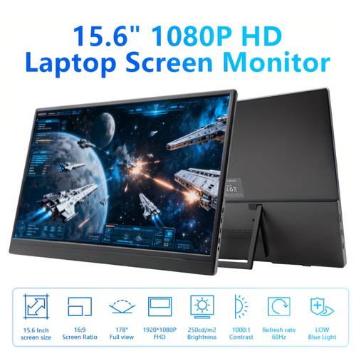 صورة العنصر شاشة عرض محمولة للابتوب مقاس 15.6 بوصة بتصميم فائق النحافة وخفيف الوزن، وزاوية مشاهدة واسعة 178 درجة، ومكبرات صوت مدمجة، ومنافذ type-c/usb-a للاتصال التوصيل والتشغيل ونقل البيانات الصوتية والمرئية في آن واحد.soccer 2026