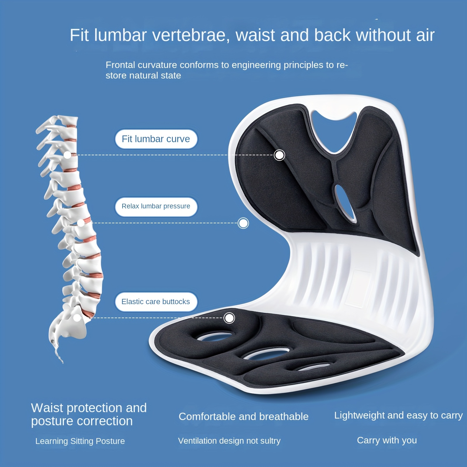 Silla de Oficina Ergonómica con Almohadilla de Soporte Lumbal Ajustable - Corrección de Postura para Mejora del Alineamiento, Diseño Transpirable, Se Adapta al Cinturón y Espalda Naturales, Gris/, Ligera y Portátil