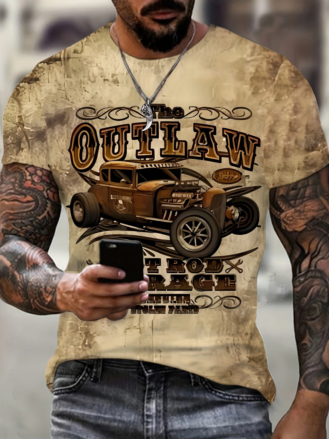 Men's Plus Size T-Shirt With Vintage Car 3D Print, Fashionable Retro Style Tee