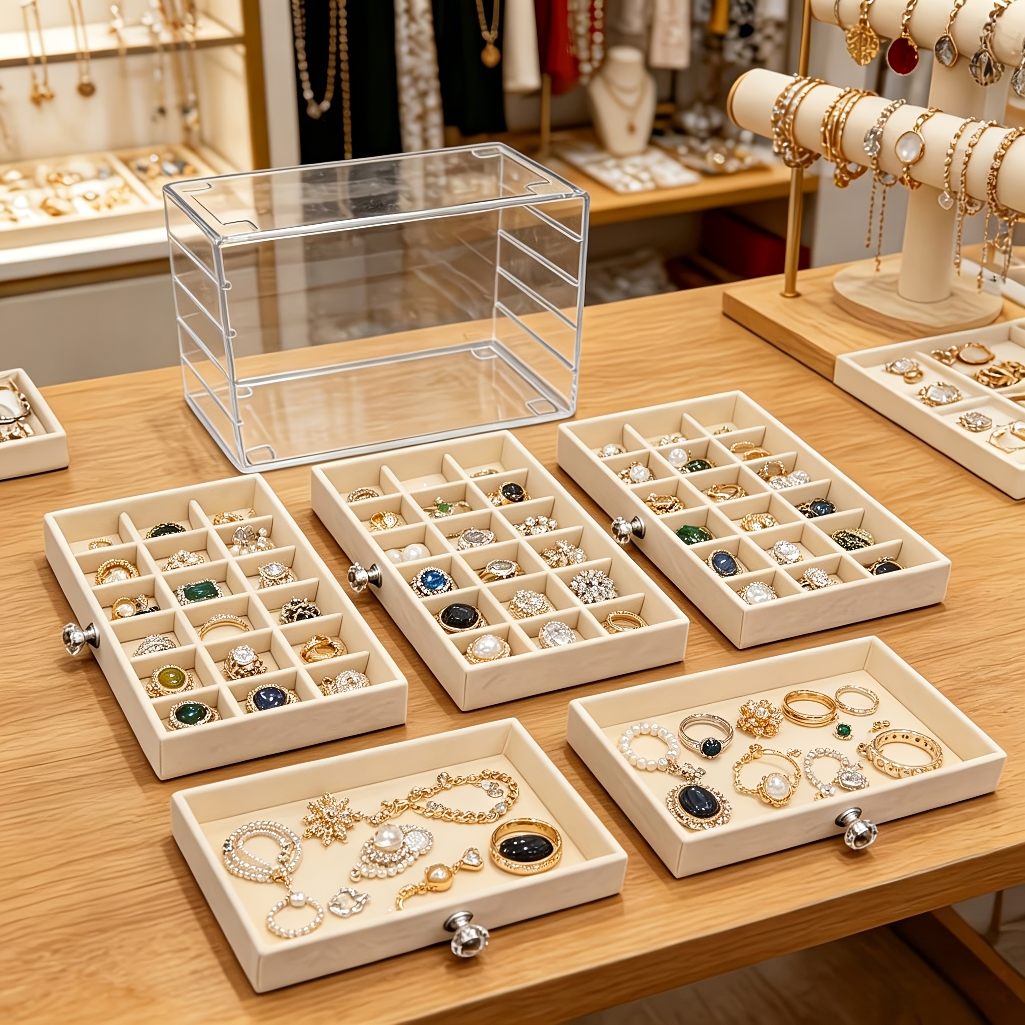 TEMU Transparent Velvet Jewelry Organizer Box, 90/54 Compartments Multi-functional Necklace Bracelet Ring Accessory Storage, Dustproof Large Capacity