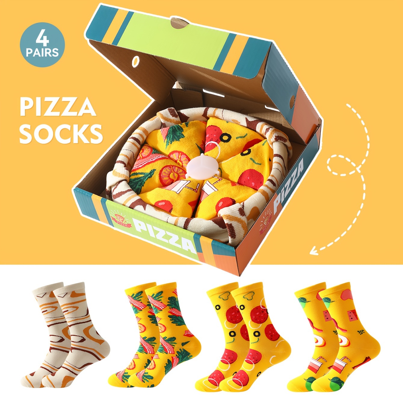 

4 Pairs Of Fun Pizza Socks - Geometric Pattern, Polyester Blend, Knit Fabric, Hand Wash Only, Casual Wear And Special Occasions