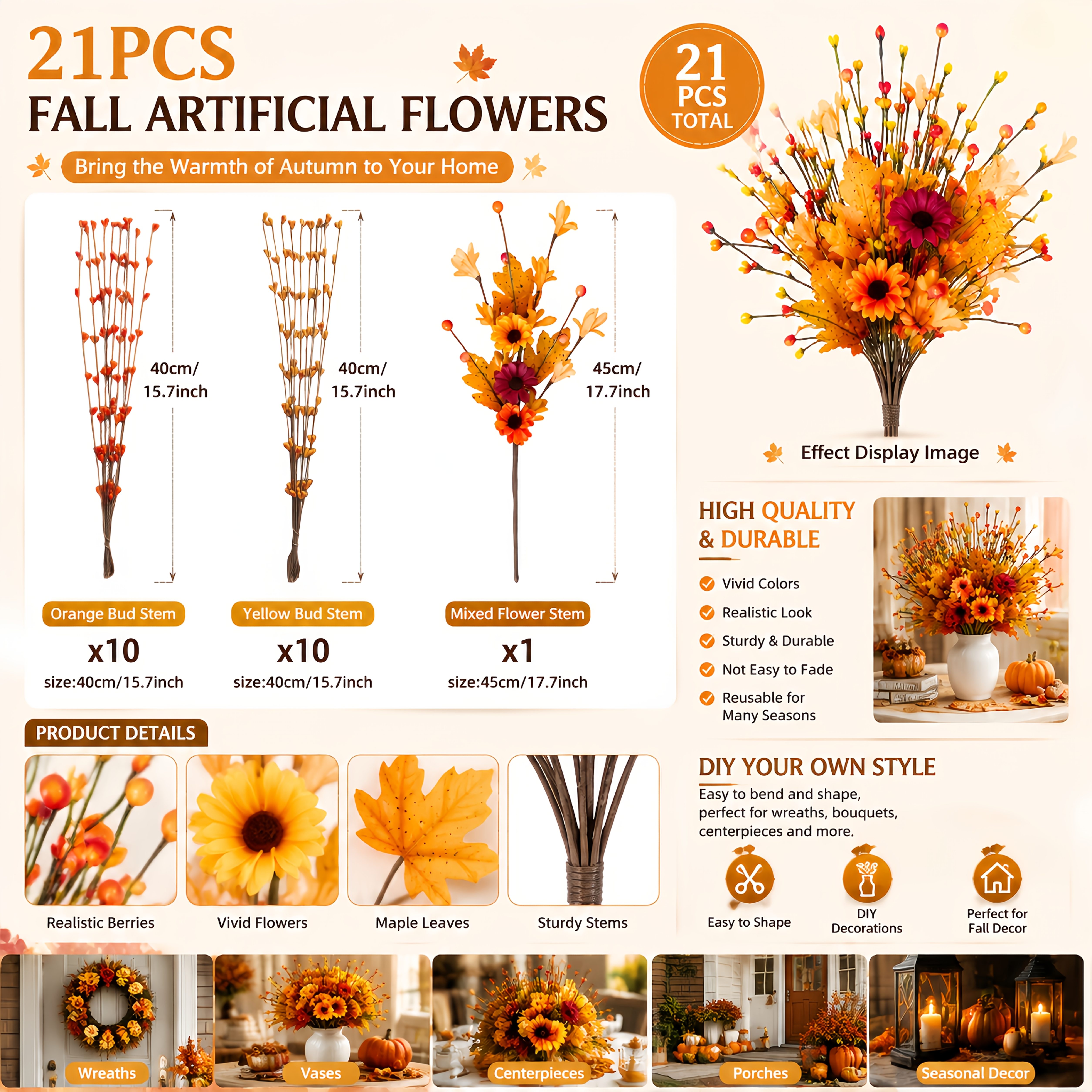 TEMU 21 piezas de de flores artificiales de otoño, arreglo floral decorativo, , flores naranja- con de con cuentas de , decoración de flores para de