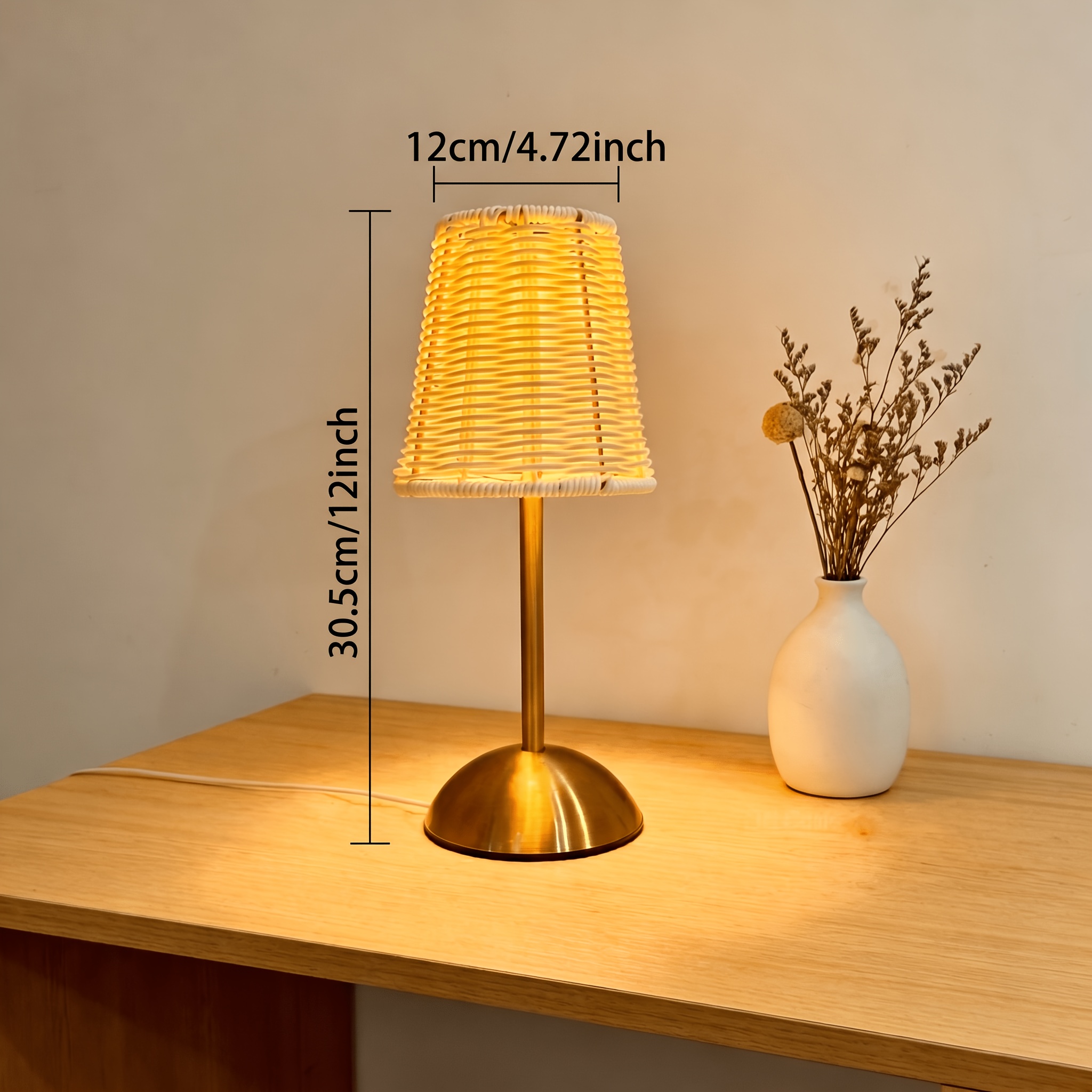 Southeast Asian Wabi-Sabi Style Table Lamp, Vintage Rattan Woven Ambient Light for Bedroom, Study, or B&B Desktops, Eye-Protection Bedside Decorative Lighting, Elegant Rattan Shade Reading Lamp, Handwoven, 1800mAh Battery, USB Charging, Three-Color