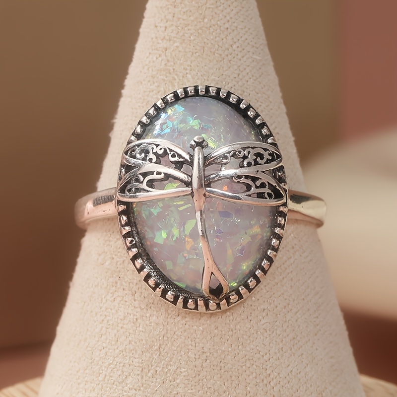 Women's Vintage Boho Statement Ring with Synthetic Opal