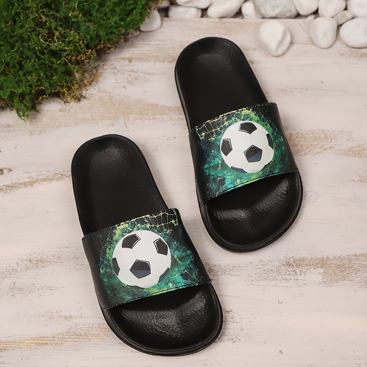 Image of Kids' Cartoon Soccer Slippers, Lightweight Eva Sole Slippers, Black With Colorful Soccer Design, Suitable For Home, Sports, And Outdoor Beach, Wear