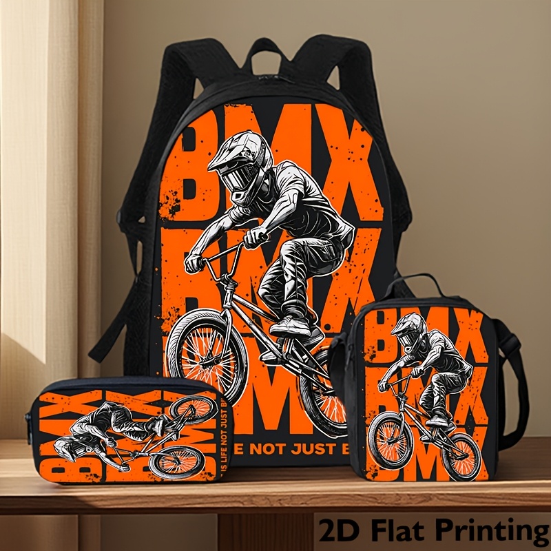 TEMU Ensemble 3 pièces Sac à Dos et Trousse à Crayons Thème BMX - Sac à Livres Grande , Compartiment Ordinateur Portable Réglable, Fermeture Éclair,