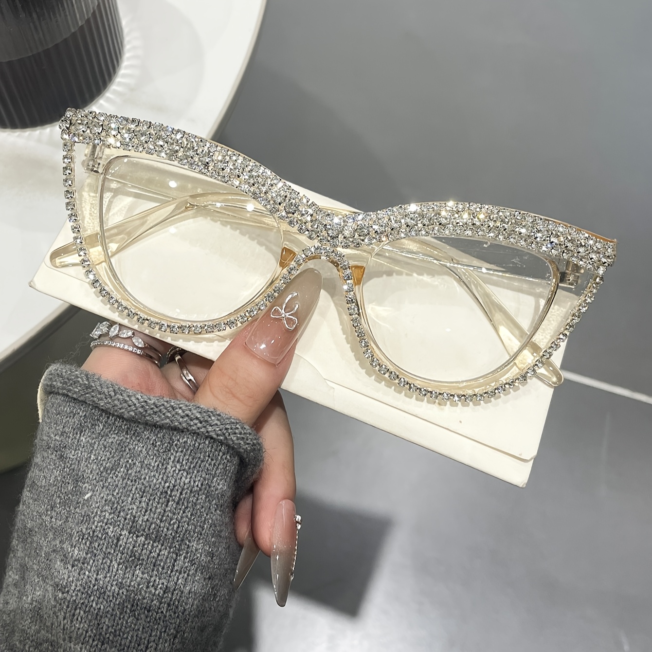 

1pc Fairmarry Elegant Cat Eye Frame Fashion Glasses With Sparkling Embellishments - Transparent Pc Lens, Ideal Gift For , , Cat Eye Glasses