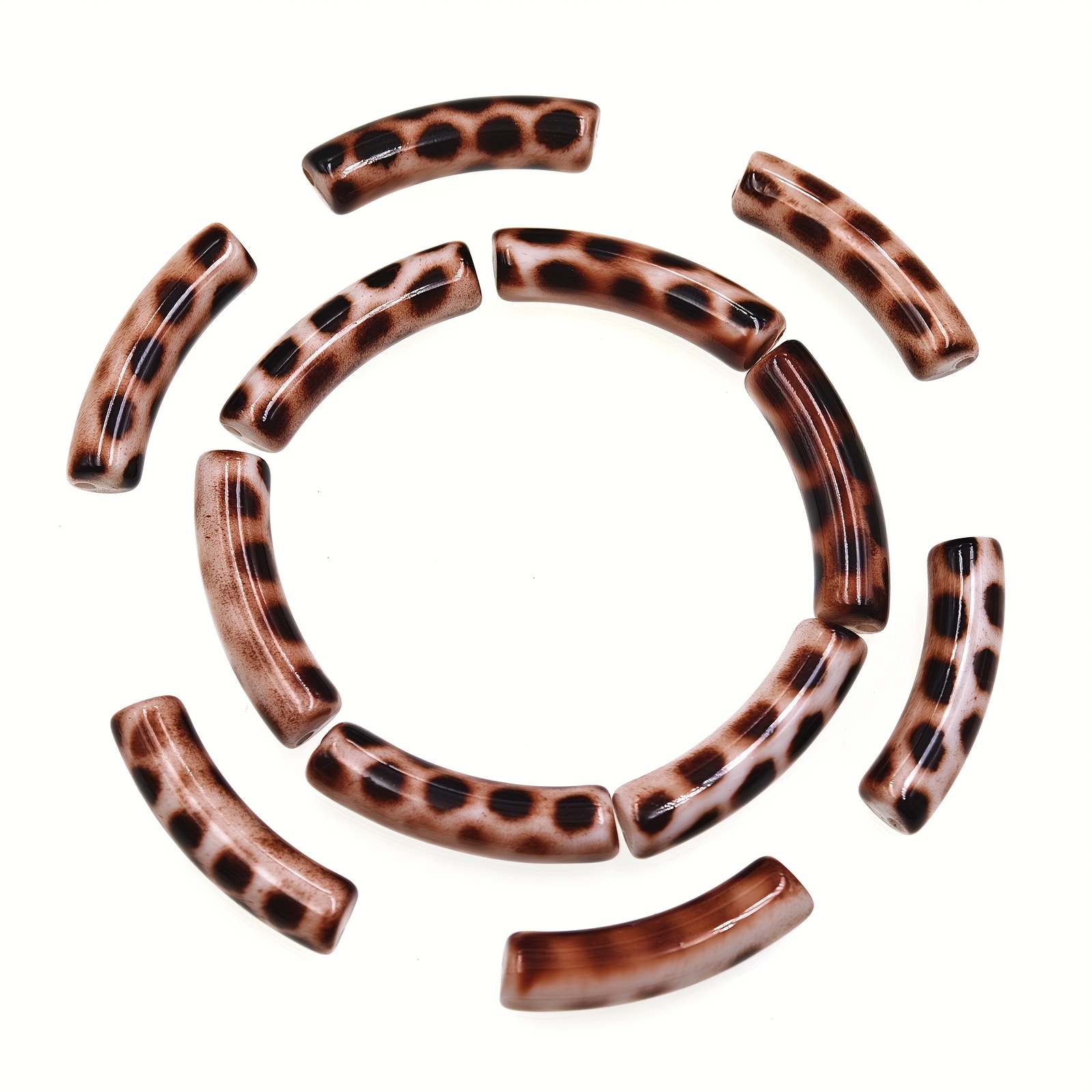 Image of 15pcs Of Acrylic Leopard Print Curved Tubes For Loose Beads - Perfect For Creative Jewelry Making And - Ideal For Fashionable Projects And Beads & Bead Assortments