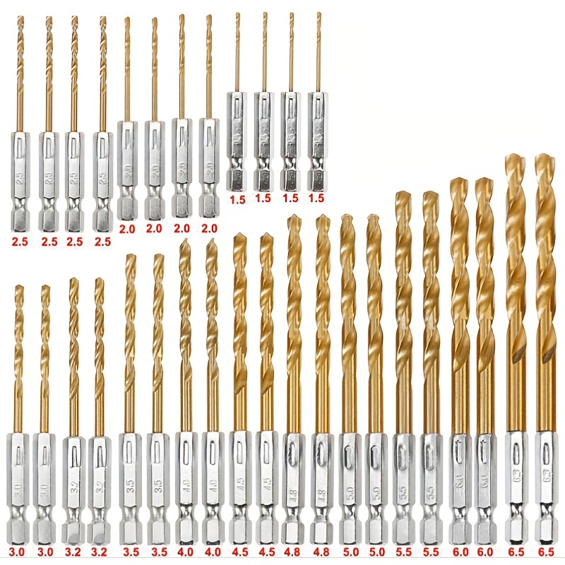 

13/32pcs Titanium Coated Drill Bit Set (1/16" - 1/4") With Hex Shank - , 135° Tip For Wood, Soft Metals And Plastics