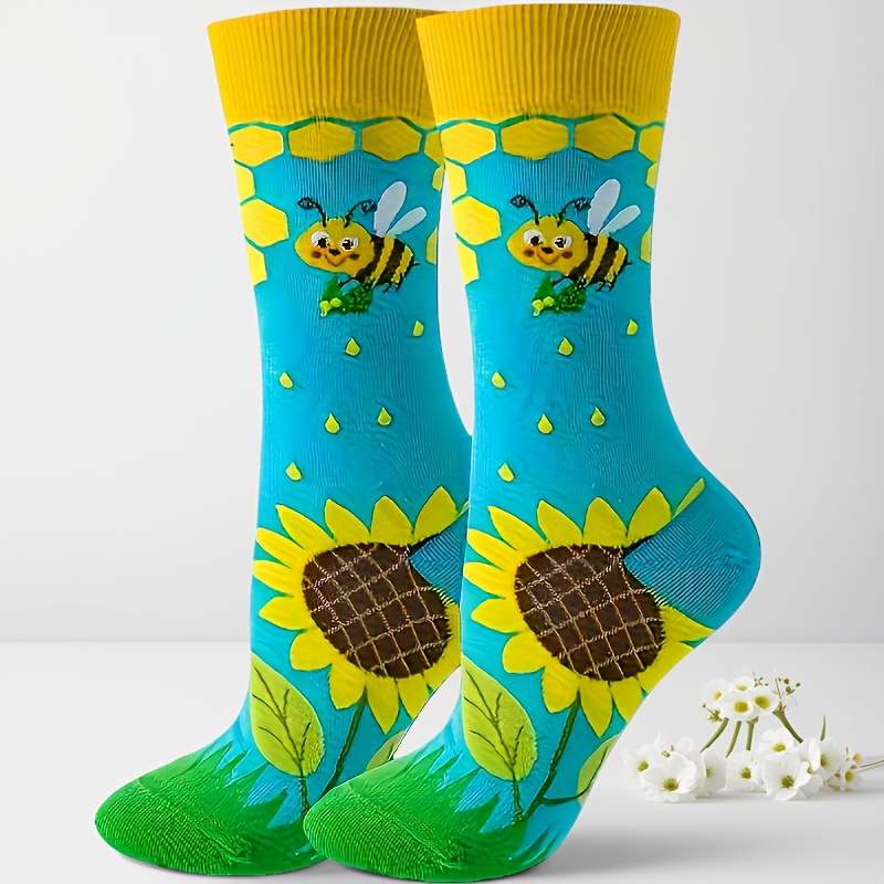 E-shop 1 Paar Ganzjahres-Blau Bienen- und Sonnenblumen-Print Damen Mid-Cut Socken, Lustige und Niedliche Damensocken