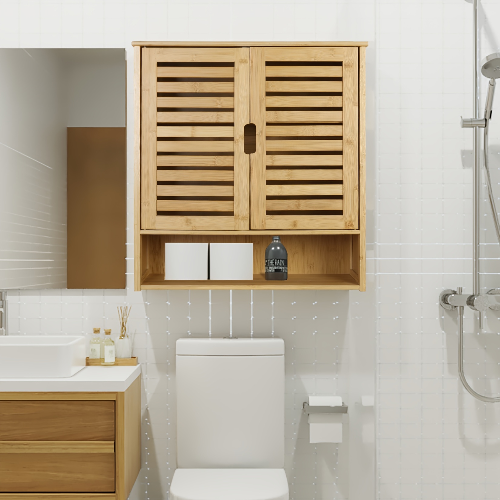 Temu Large Bathroom Wall Cabinet Hanging Storage Bamboo Kitchen Cabinet Bookcase With 3 Shelves, Strong Magnet Door Medicine Cabinet For Bathroom,-image