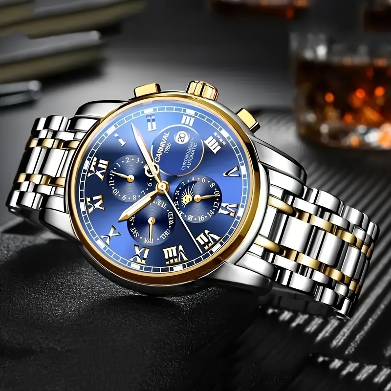 I&w Carnival Men' Watch - Stainless Steel, Automatic Mechanical Movement, Waterproof 30m, Date Display, Round Dial, Luxury Gift, Formal Occasion Watch | Classic Sporty Look | Stainless