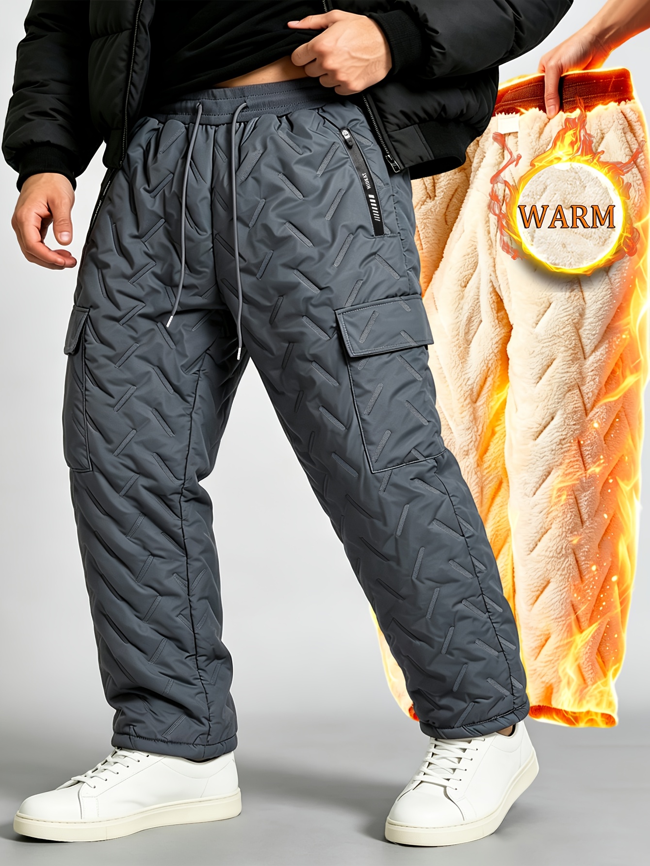 Men's Fleece-Lined Cargo Snow Pants with Multiple Pockets
