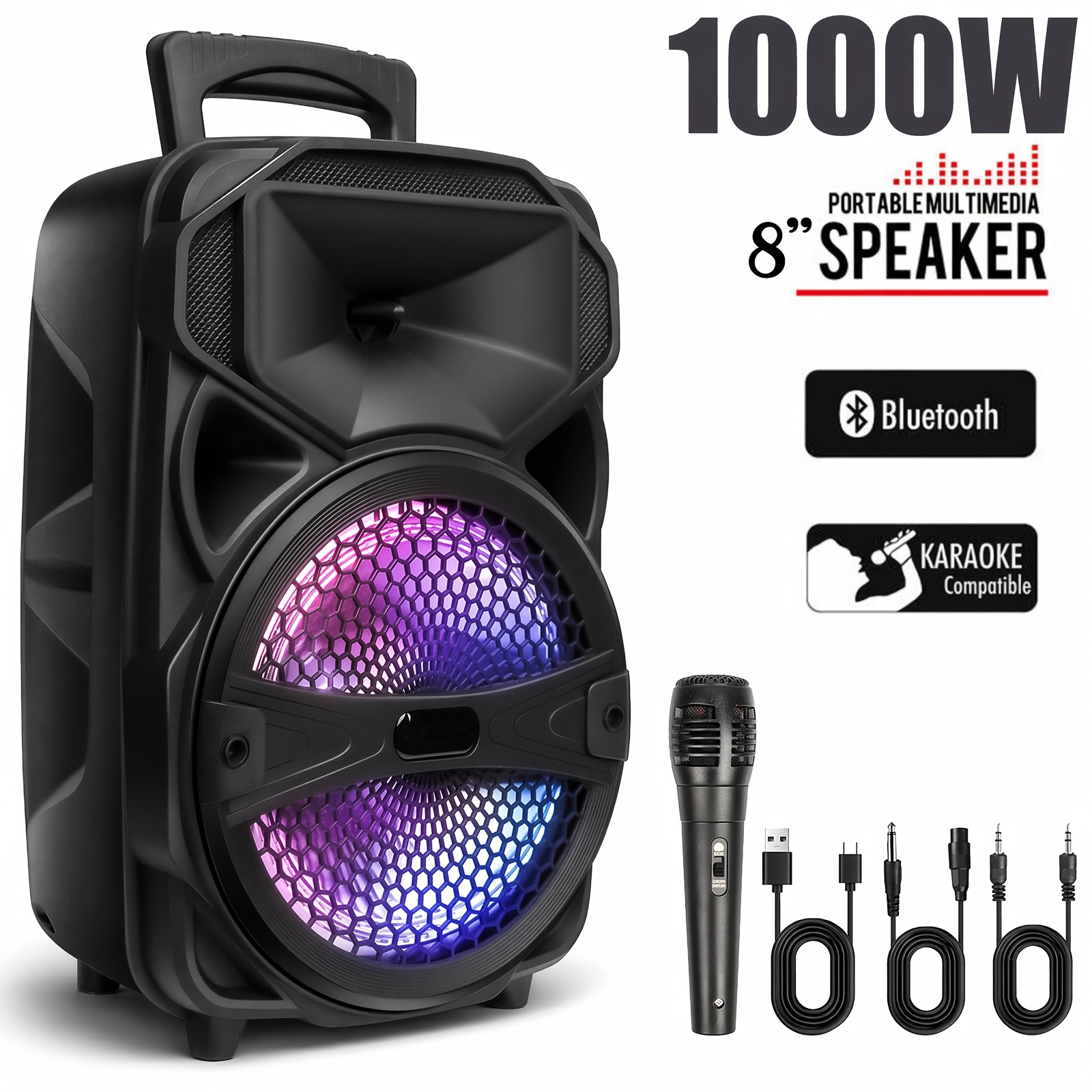 TEMU Bluetooth Pa Speaker System - 1000w Power Rechargeable Portable Outdoor Speaker W/ 8" Woofer & 1" Tweeter, Microphone In, Dj Party Lights, Usb,