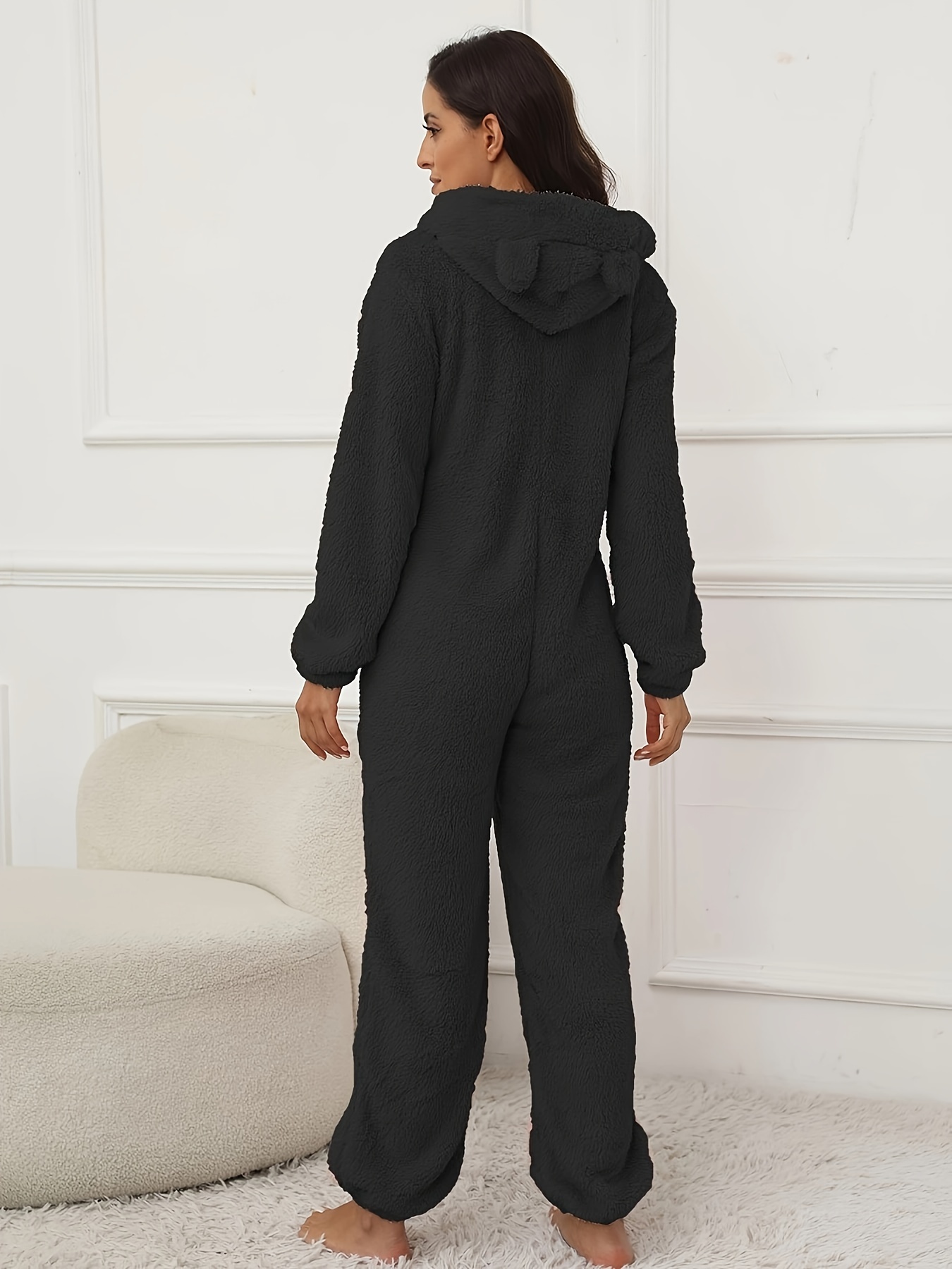 Solid Hooded Fuzzy Pajama Jumpsuit Carnaval Comfy Long - Temu Austria