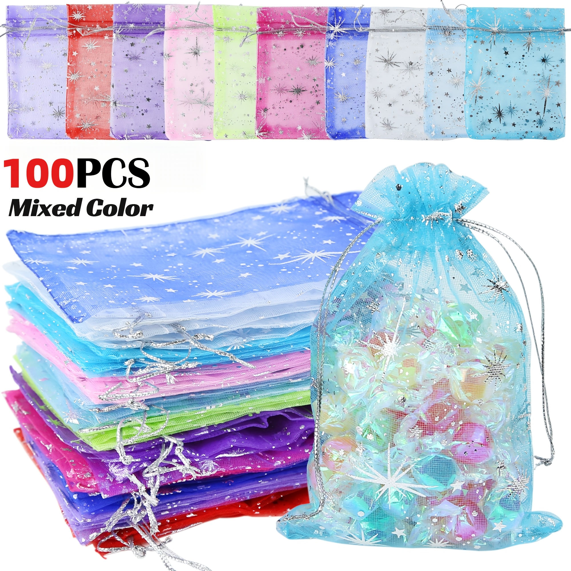 TEMU Gift For Her/him 100pcs Mixed Color Sheer Organza Bags With Star Moon Patterns, Colorful Drawstring Gift Pouches For Jewelry, Wedding, Party