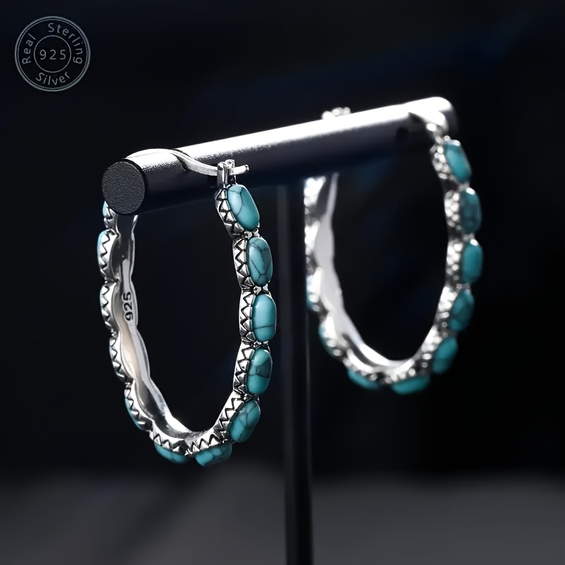 925 Silver Ethnic Style Turquoise Hoop Earrings for Wedding Banquets