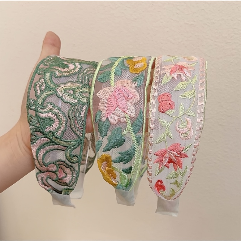 3pcs Bohemian Floral Embroidered Wide Headbands For Women &ndash; Elegant Pastel , Acrylic Material, Perfect For Daily Wear, Vacation, And Valentine&rsquo;s Day Gifts, Bouquet Accessories