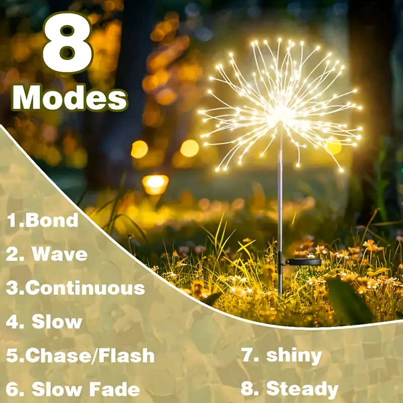 FACHOI 60/200 LED Solar de Exterior con Sensor y Regulable, Fuegos Artificiales Blanco Cálido, Adecuado para Iluminación de Jardín, Patio, Césped, Terraza, Camino, Fácil Instalación, 8 Modos, para Decoración de Villa