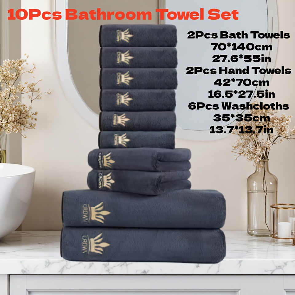 E-shop 10-teiliges Kronenbesticktes, ultraweiches Korallen-Handtuchset, 2 Stück 70 x 140 cm Badetücher, 2 Stück 42 x 70 cm Handtücher, 6 Stück 35 x 35