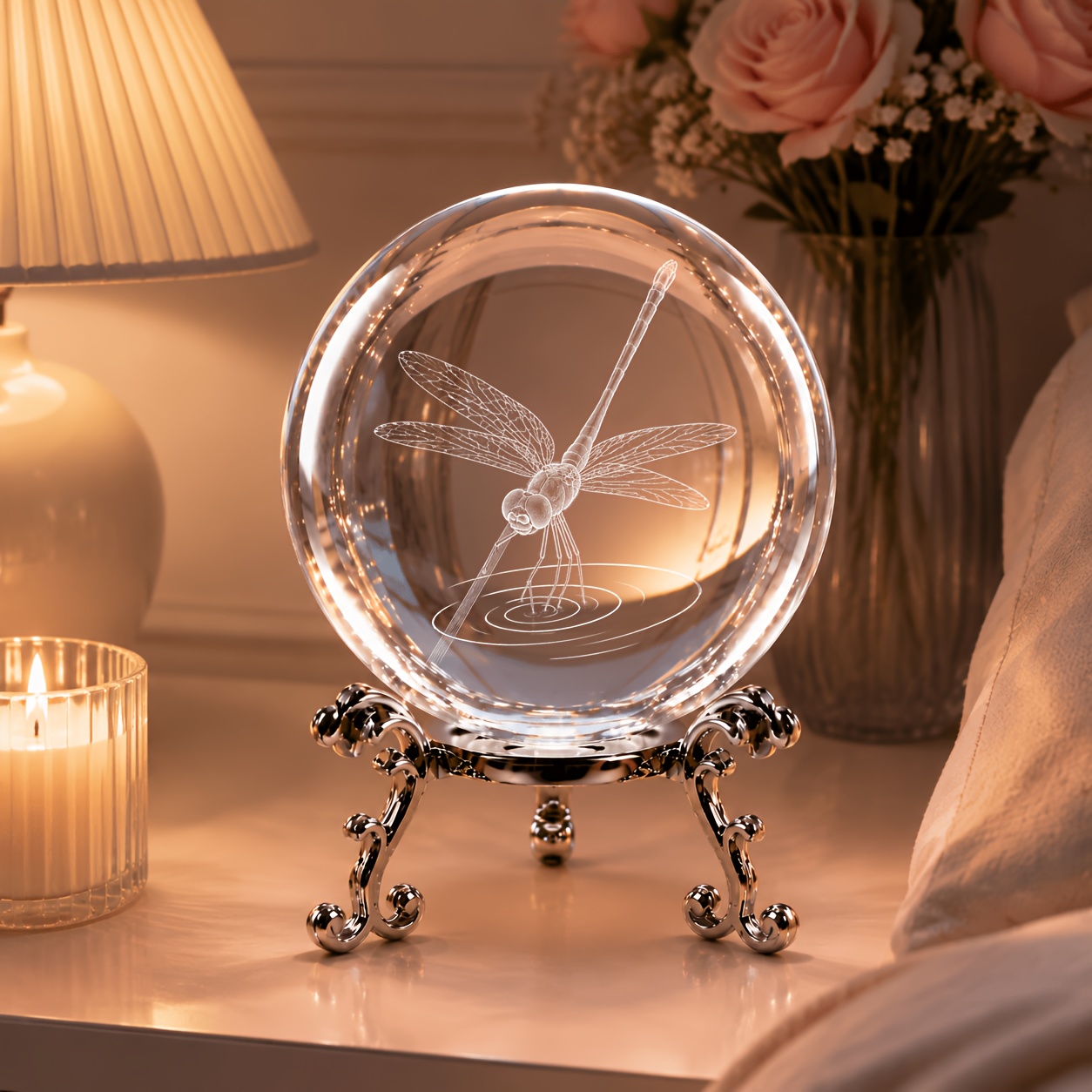 TEMU Boule de Cristal Gravée au Laser 3D avec Socle Argenté, Sphérique à Haute , Convient pour Présentoir de Bureau, Cadeau sur le Thème de la Nature