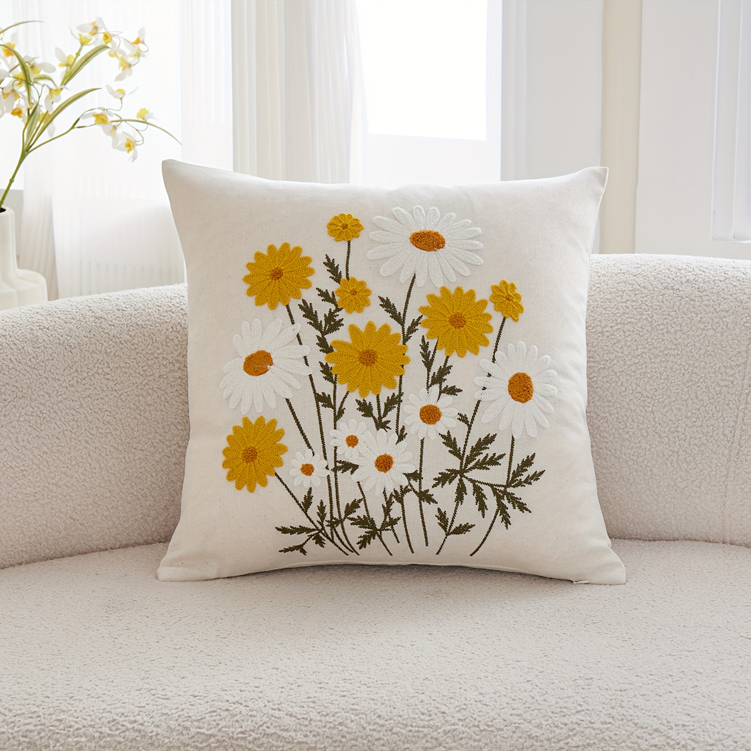 E-shop 1 Stück Moderner Gänseblümchen-Stickerei-Zurückenkissenbezug, Maschinenwaschbar, Reißverschluss, Polyester 95., Leinen 5.,