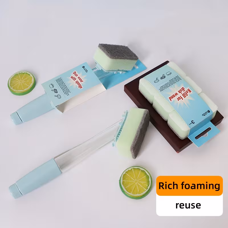one handle with four sponge replacement heads a long handled sponge brush with interchangeable sponge heads a versatile cleaning tool for kitchen utensils water bottles and bathrooms a durable essential for household cleaning Product details 5