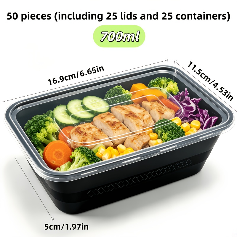 TEMU 50pcs (Incluant 25pcs de couvercles et 25pcs de récipients), Boîtes à Bento/Boîtes à Déjeuner de 700Ml, Récipients de Stockage de Nourriture à
