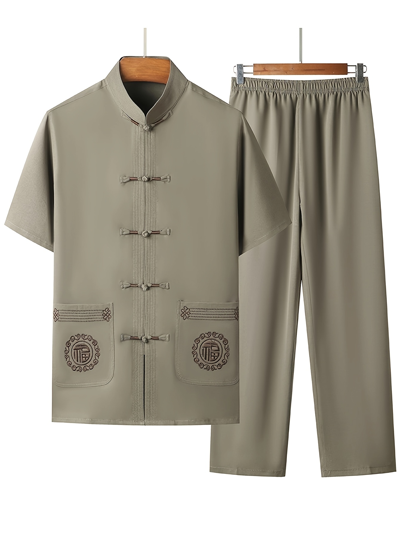 mens summer chinese style short sleeve casual   tang suit set
