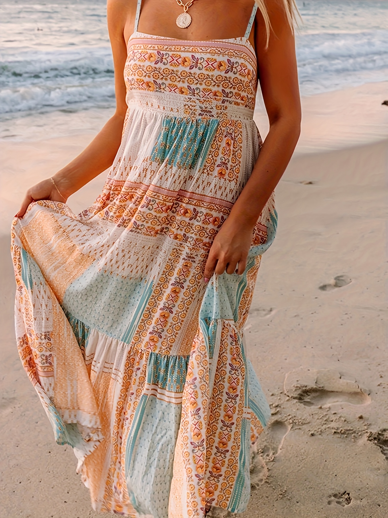 Women'S Bohemian Print Maxi Dress Off-Shoulder, Sleeveless, Long Flowy  Dress with Intricate Patterns in Orange, White, and Blue Spring/