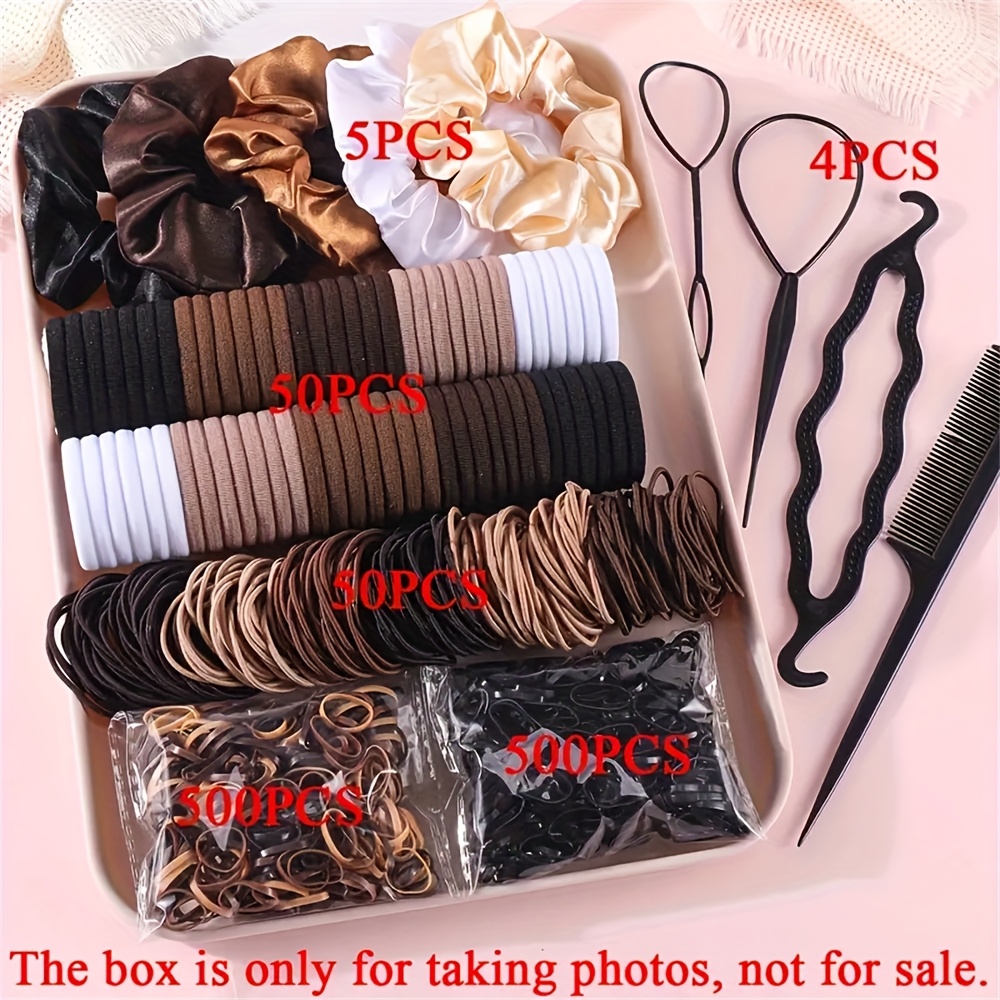 TEMU 1109pcs/set Women Dark Hair Accessories Set, Solid-color Headband Elastic Hair Ties Seamless Ponytail Holders Scrunchies, Minimalist Styles Hair